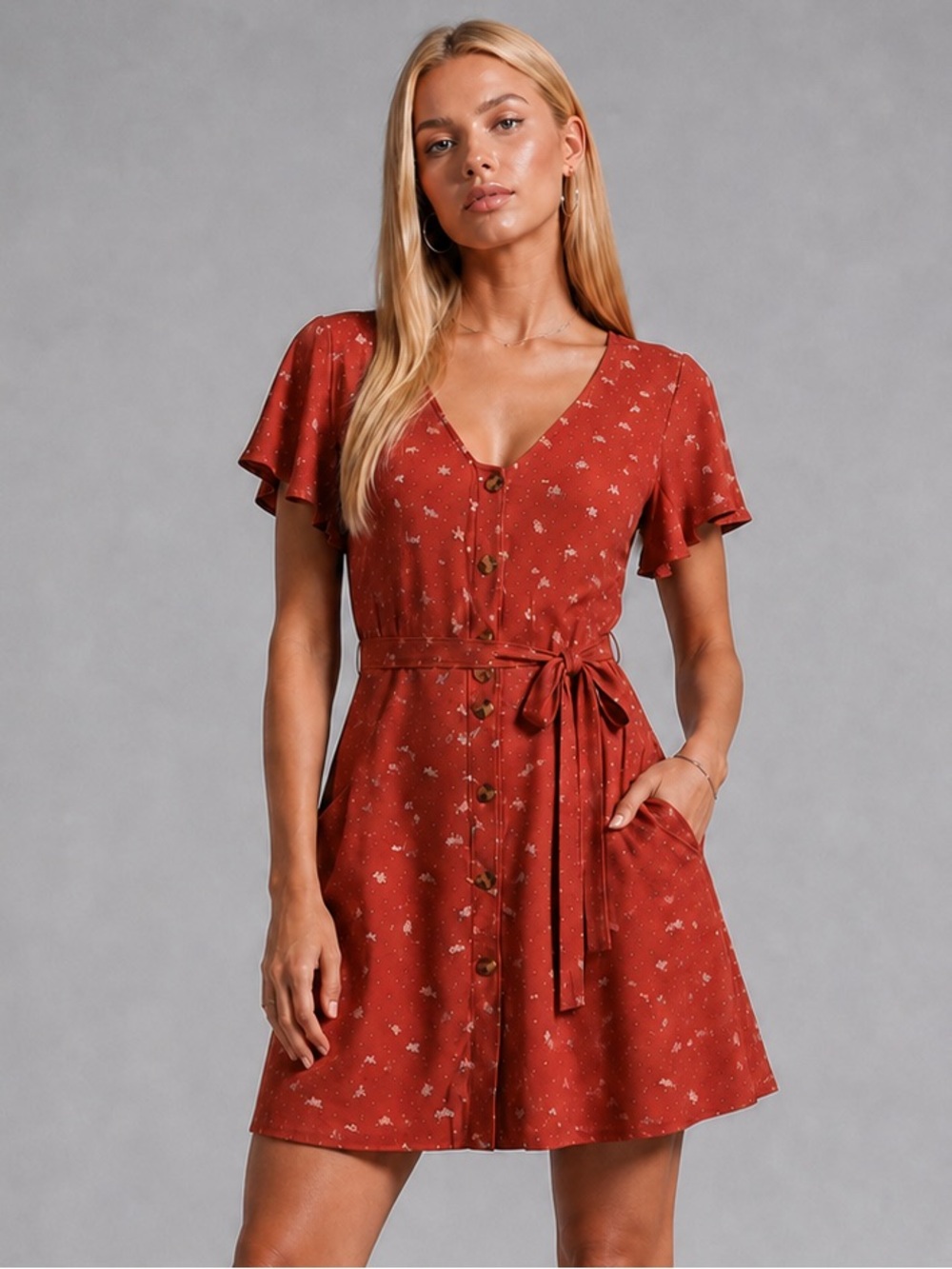 American Eagle Outfitters Rust Floral Button-Front Dress with Tie